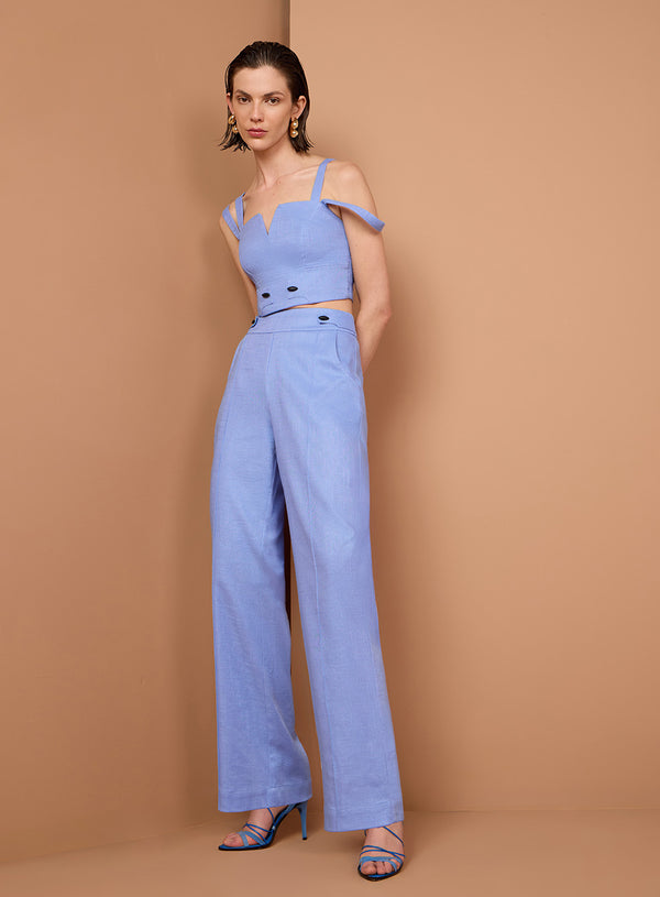 Conjunto Azul Cropped Recorte em V e Calça Tufi Duek