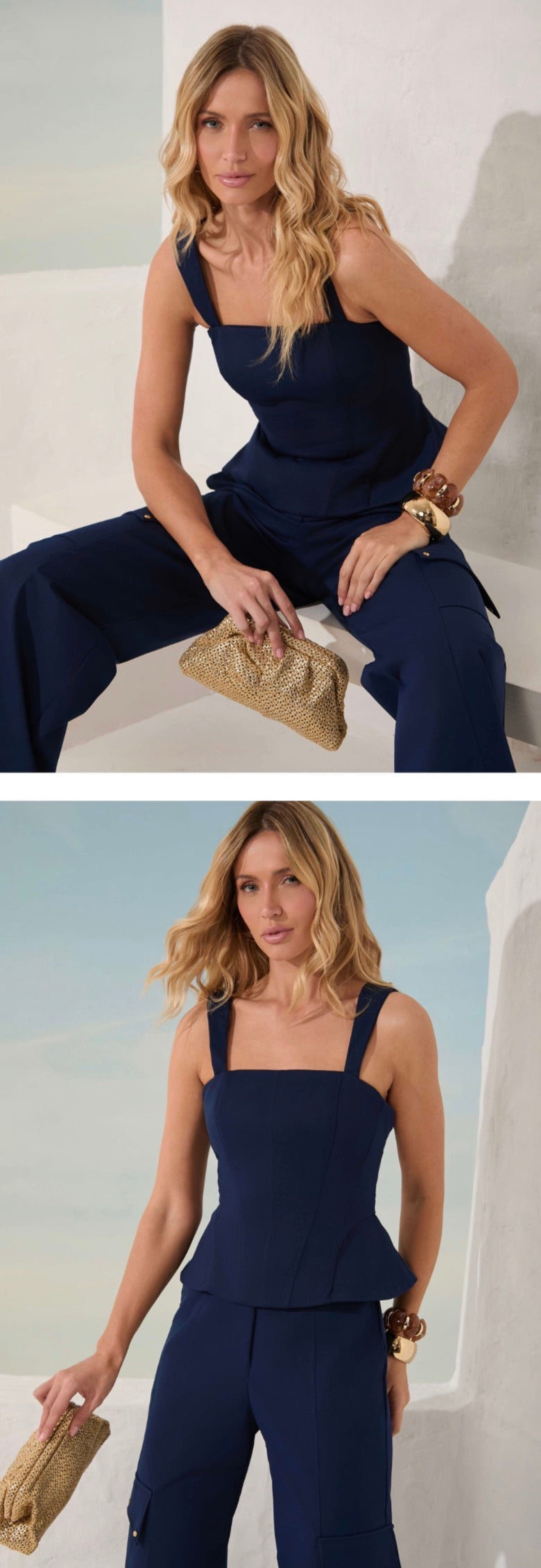 Conjunto Nude ou Azul Marinho Calça Cargo e Blusa Estruturada Oásis