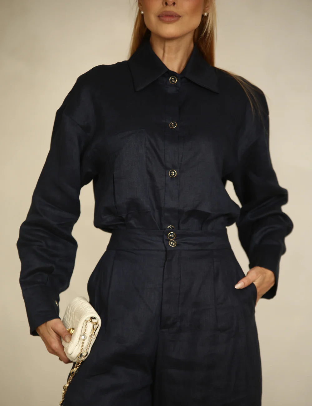 Conjunto Off ou Azul Marinho 100% Linho Strass