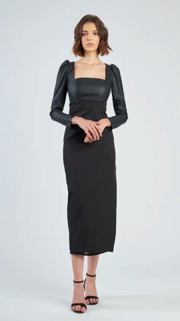 Vestido Preto Courino Midi Recorte Costas Regina Salomão