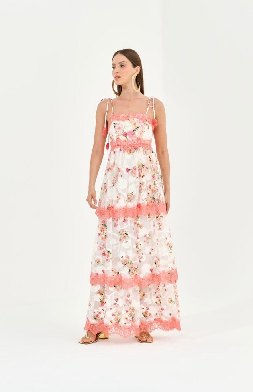 Vestido Off White Estampa Rosa Nammos