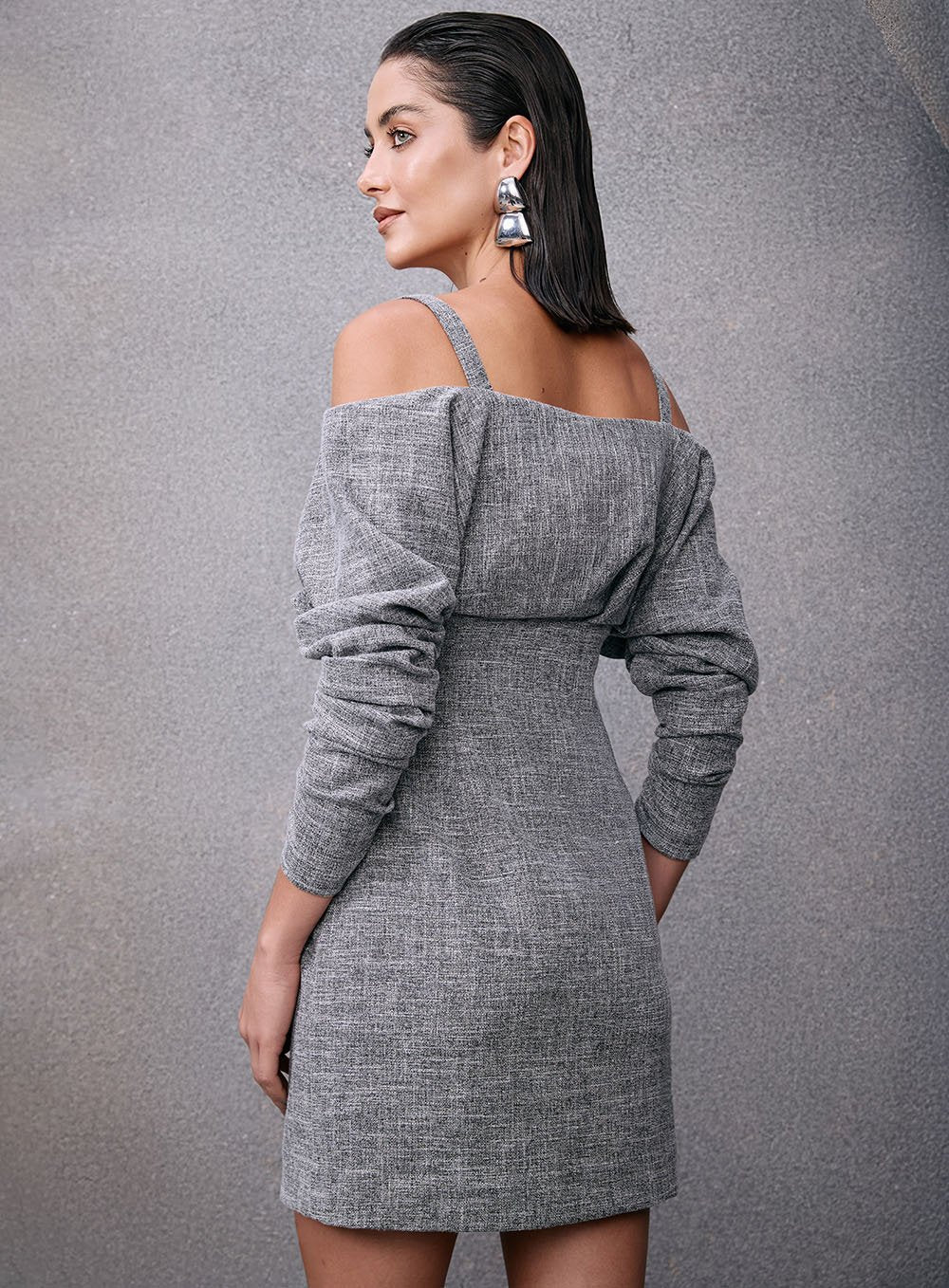 Vestido Curto Manga Longa Tweed Slim Cinza Tufi Duek -SALE