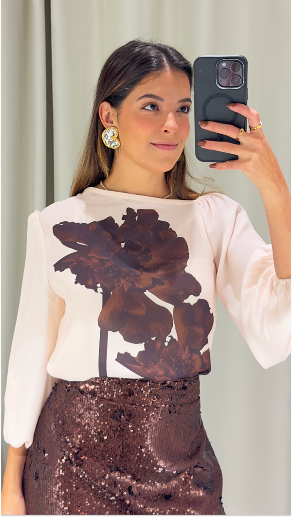 Blusa Nude Estampa Papoula Skazi