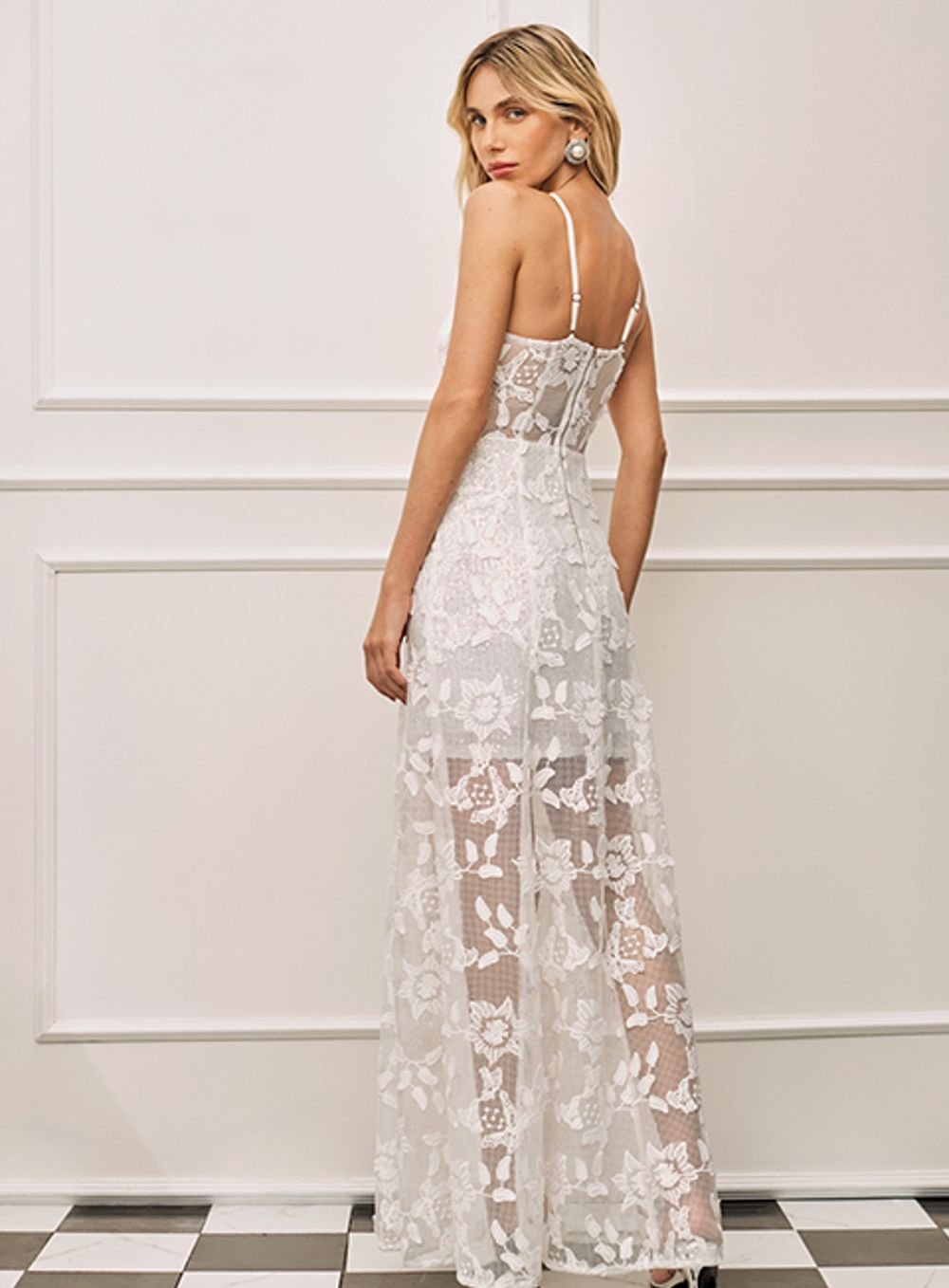 Vestido Longo Tela Rendado 3d Off White Skazi -SALE