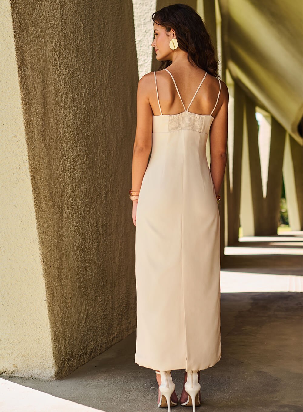 Vestido Midi Crepe Patou Bege Tufi Duek -SALE