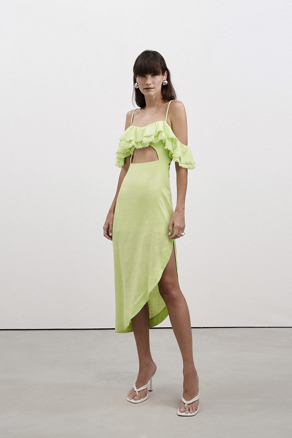 Vestido Midi Decote Babado Verde Limão Tufi Duek -SALE