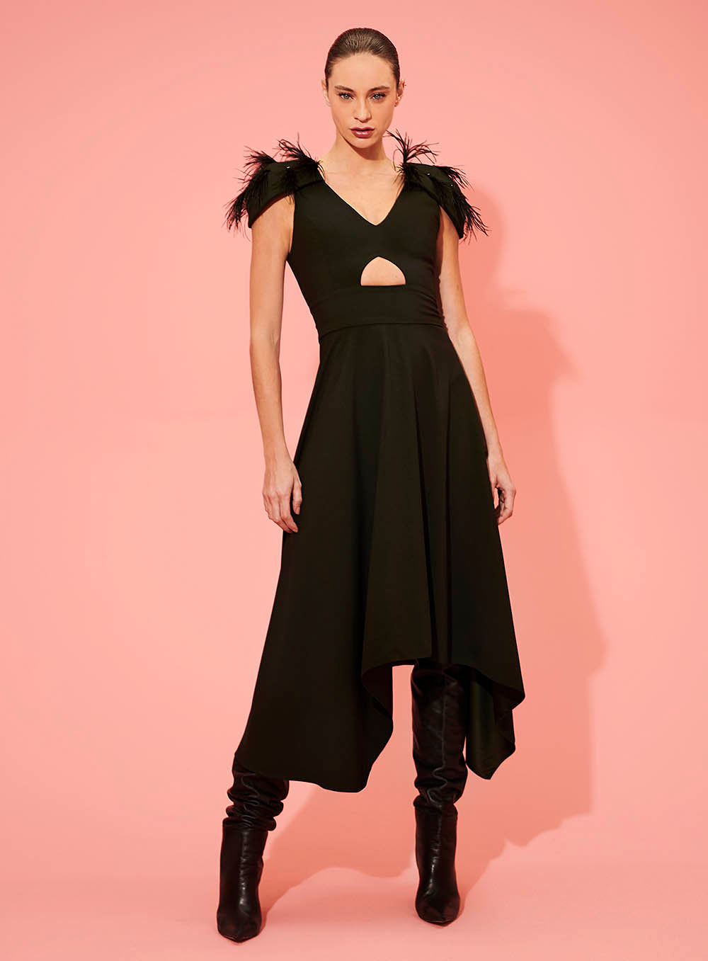 Vestido Decote Vazado Manga Pluma Verde Skazi -SALE
