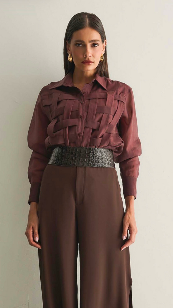 Camisa Marrom/Nude Gazar Recortes Geométricos Regina Salomão