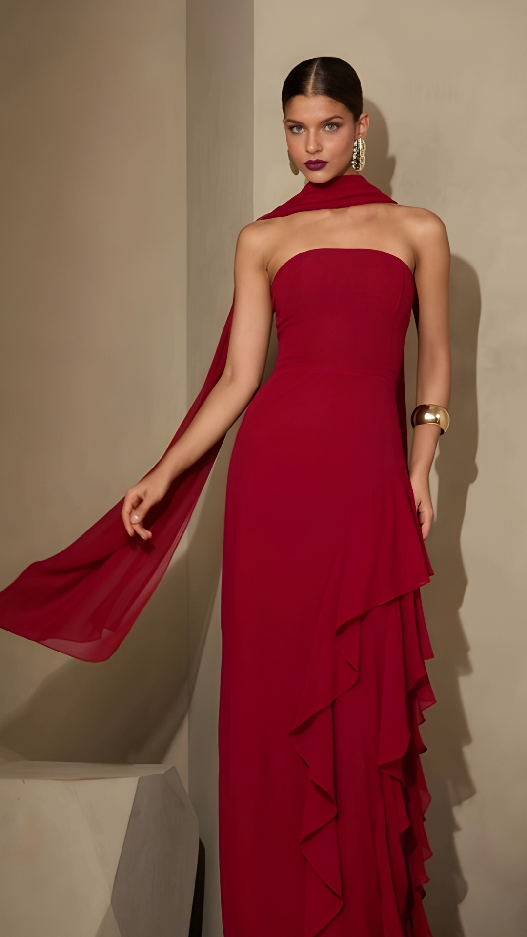 Vestido Vermelho ou Azul Longo com Detalhes de Babados – Amicci