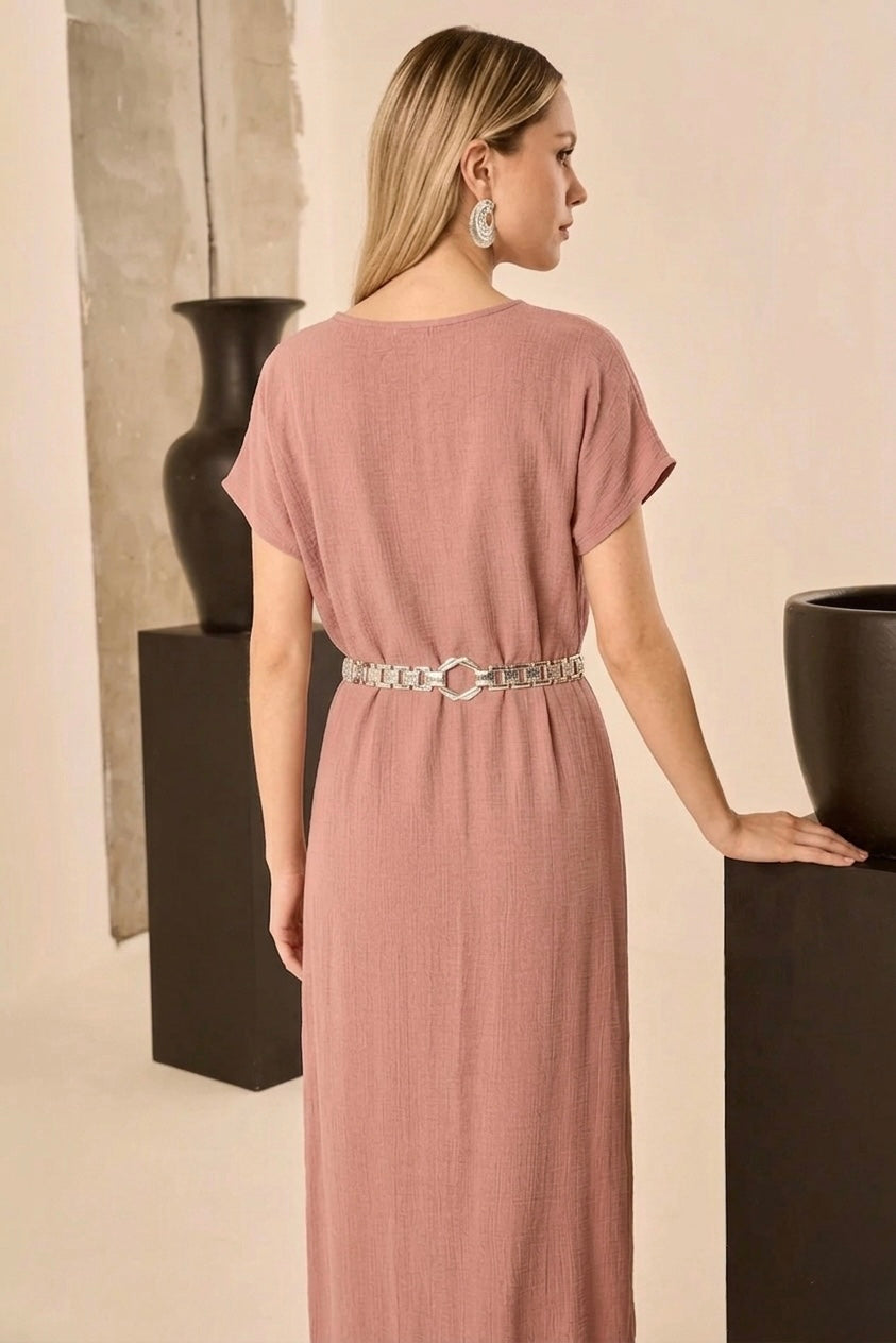 Vestido Rosa em Linho (Sem cinto) Villa