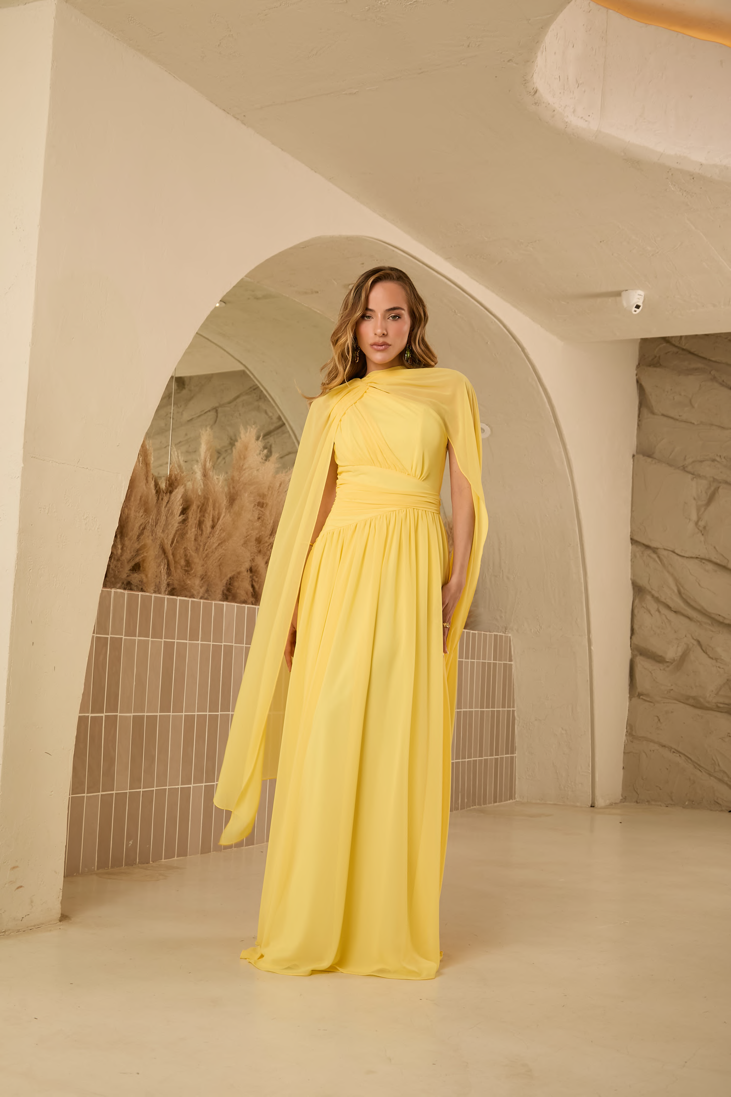 Vestido Longo Azul, Vinho ou Amarelo em Musseline Amicci