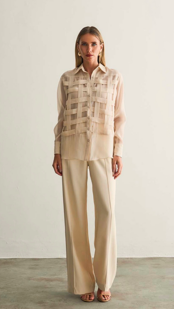 Camisa Marrom/Nude Gazar Recortes Geométricos Regina Salomão