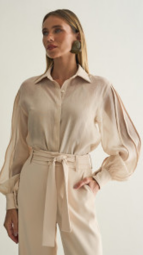 Camisa Marrom/Nude Manga Bufante Regina Salomão