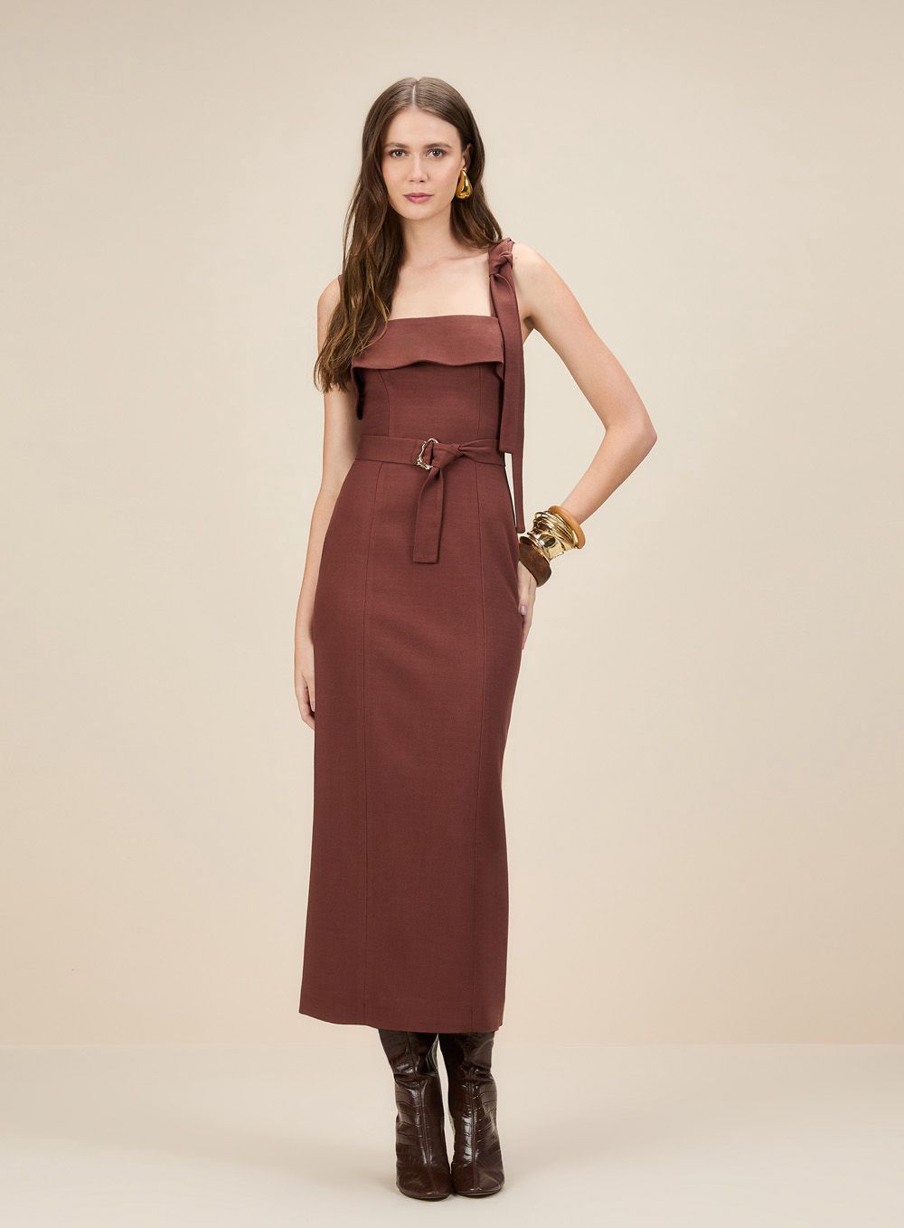 Vestido Marrom Linho Midi Skazi