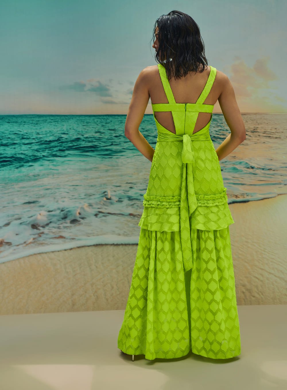 Vestido Longo Trespasse Chiffon Devor Verde Neo Verde Neon Skazi -SALE