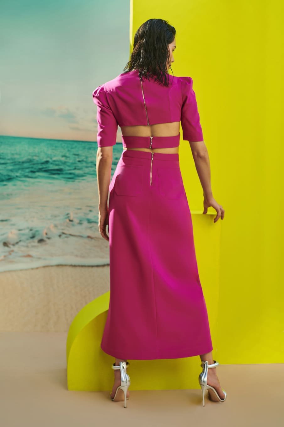 Conjunto Top e Saia Fenda Rosa Escuro Skazi -SALE