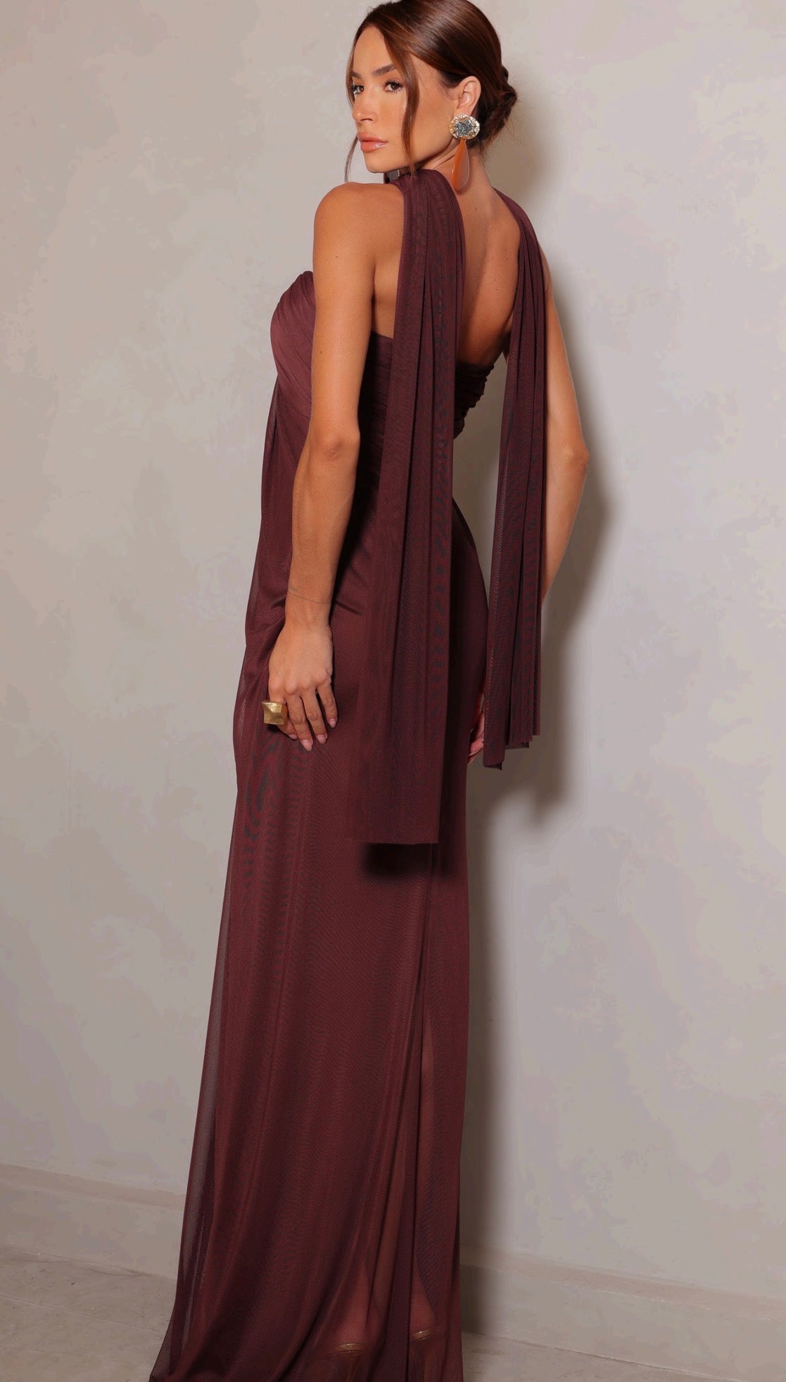Vestido Marrom em Tule Drapeado Amicci