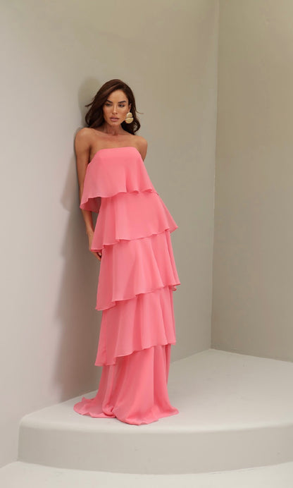 Vestido Vermelho ou Rosa Babados em Camadas Amicci