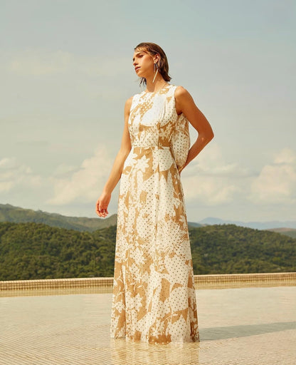 Vestido Off White Estampa Nude e Dourada Arbour