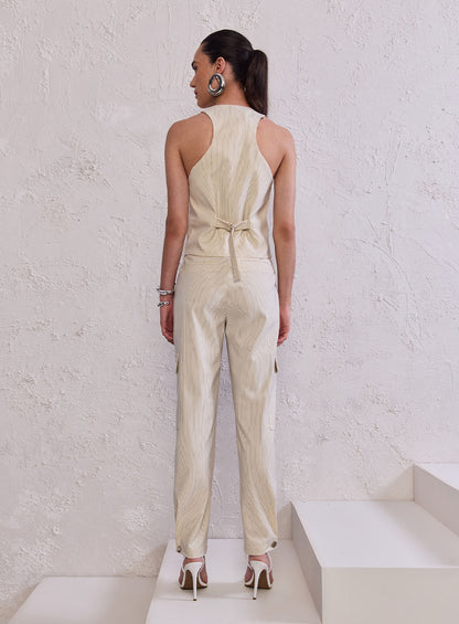 Conjunto Off White Colete e Calça Cargo Listras Tufi Duek