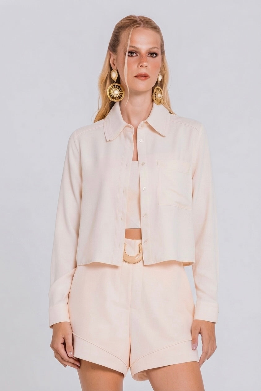 Camisa Cropped Nude Bolso Frontal Charth