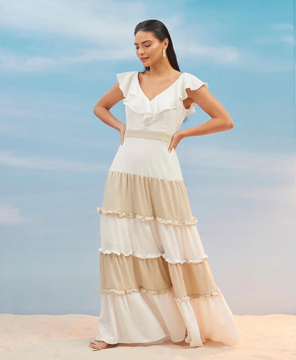 Vestido Off e Nude Babados com Brilho Decência