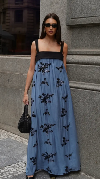 Vestido Azul Longo Bordado - Strass