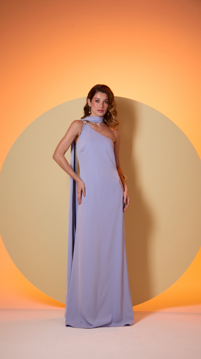 Vestido Roxo Lavanda em Crepe com Broche Removível – Amicci