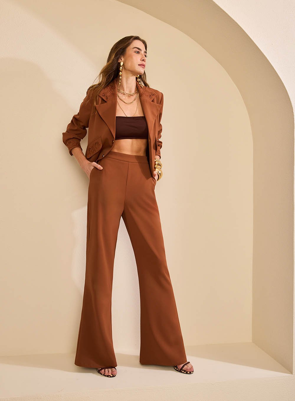 Calça Maxi Flare Botto Marrom Skazi -SALE