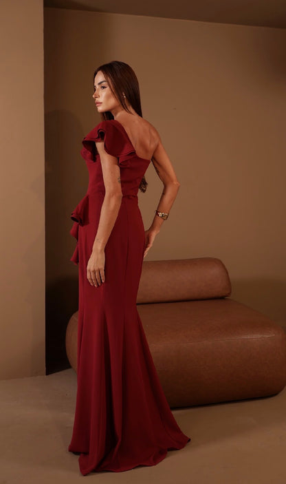 Vestido Ombro Só Babado com Fenda Amicci