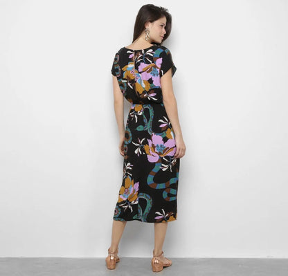 Vestido Preto Estampa Flor e Cobra Cantão