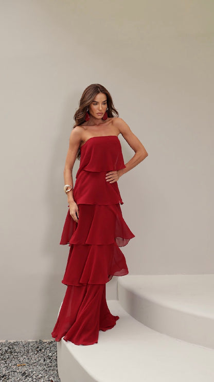 Vestido Vermelho ou Rosa Babados em Camadas Amicci