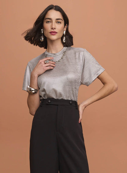 Blusa Bordada Corrente Cinza Prata Estampado Skazi -SALE