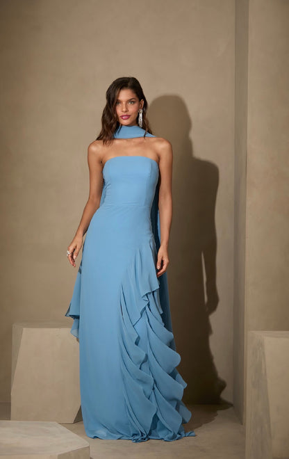 Vestido Vermelho ou Azul Longo com Detalhes de Babados – Amicci