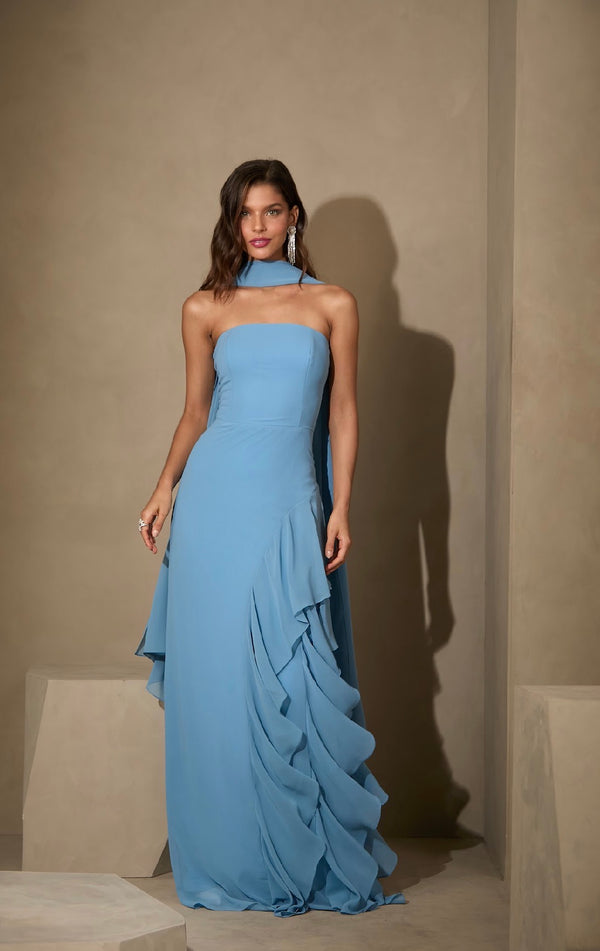 Vestido Vermelho ou Azul Longo com Detalhes de Babados – Amicci
