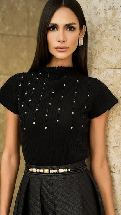 Blusa Off White, Caramelo ou Preta Canelada com Bordado de Correntes – Fleche D'or