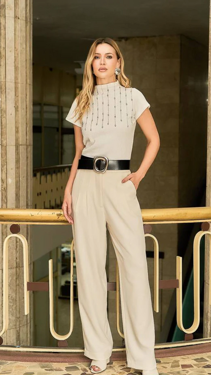 Blusa Off White, Caramelo ou Preta Canelada com Bordado de Correntes – Fleche D'or
