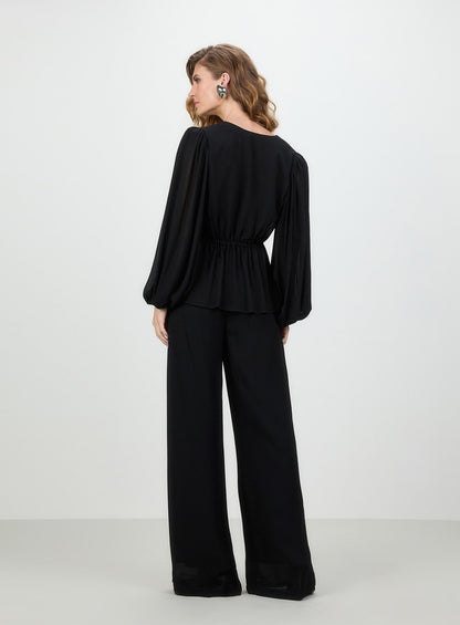 Conj. Blusa e Calça Georgete Desiré Preto Tufi Duek -SALE