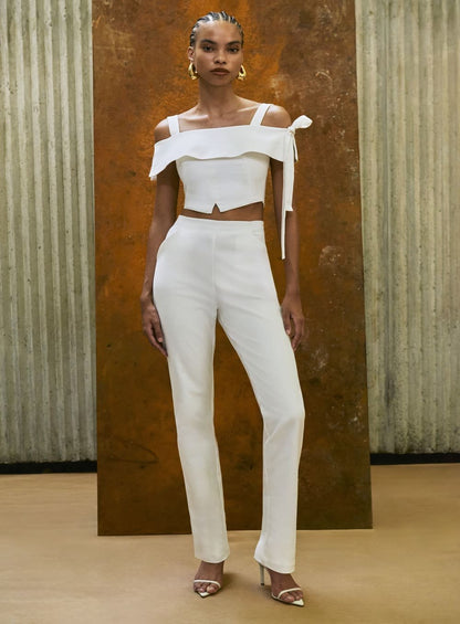 Conjunto Calça Top Babado Fenda Off White Tufi Duek -SALE