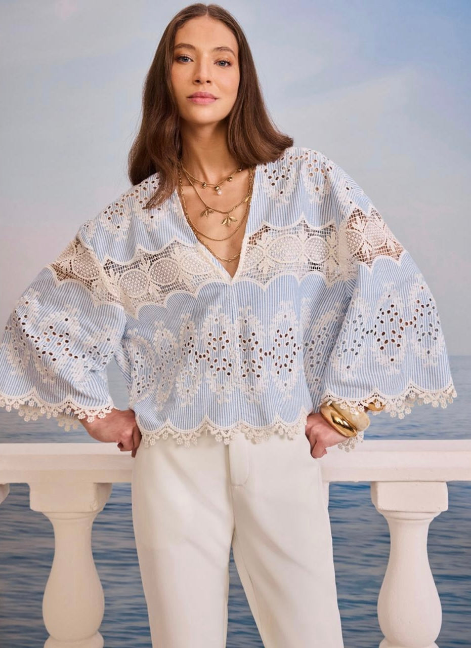 Blusa Azul com Renda Branca Skazi