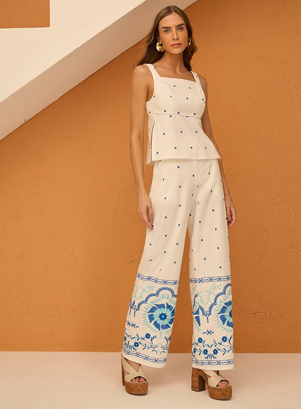 Conjunto Top e Calça Off / Azul Estampado Skazi -SALE