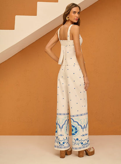 Conjunto Top e Calça Off / Azul Estampado Skazi -SALE