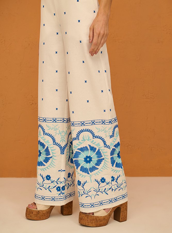 Conjunto Top e Calça Off / Azul Estampado Skazi -SALE