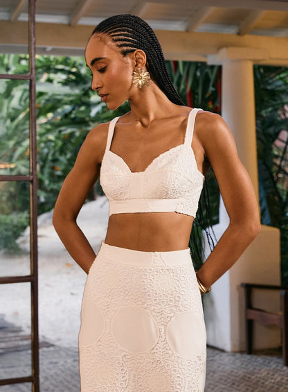 Conjunto Top e Saia Midi Guippir Off White Tufi Duek -SALE