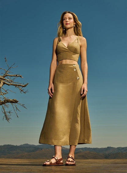 Conjunto Top Saia Midi Pala Recortes Bege Skazi -SALE