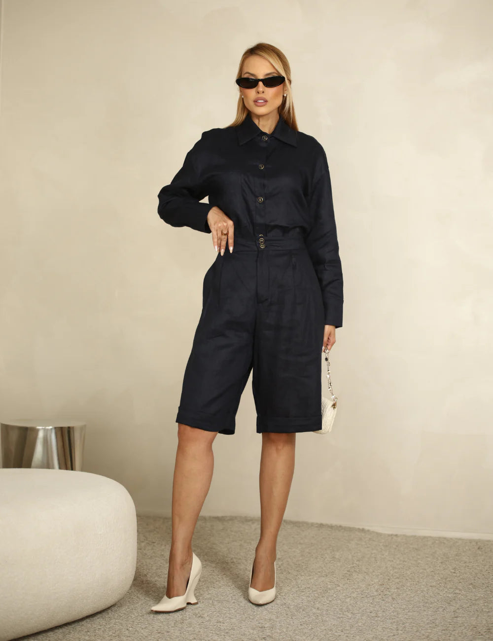 Conjunto Off ou Azul Marinho 100% Linho Strass