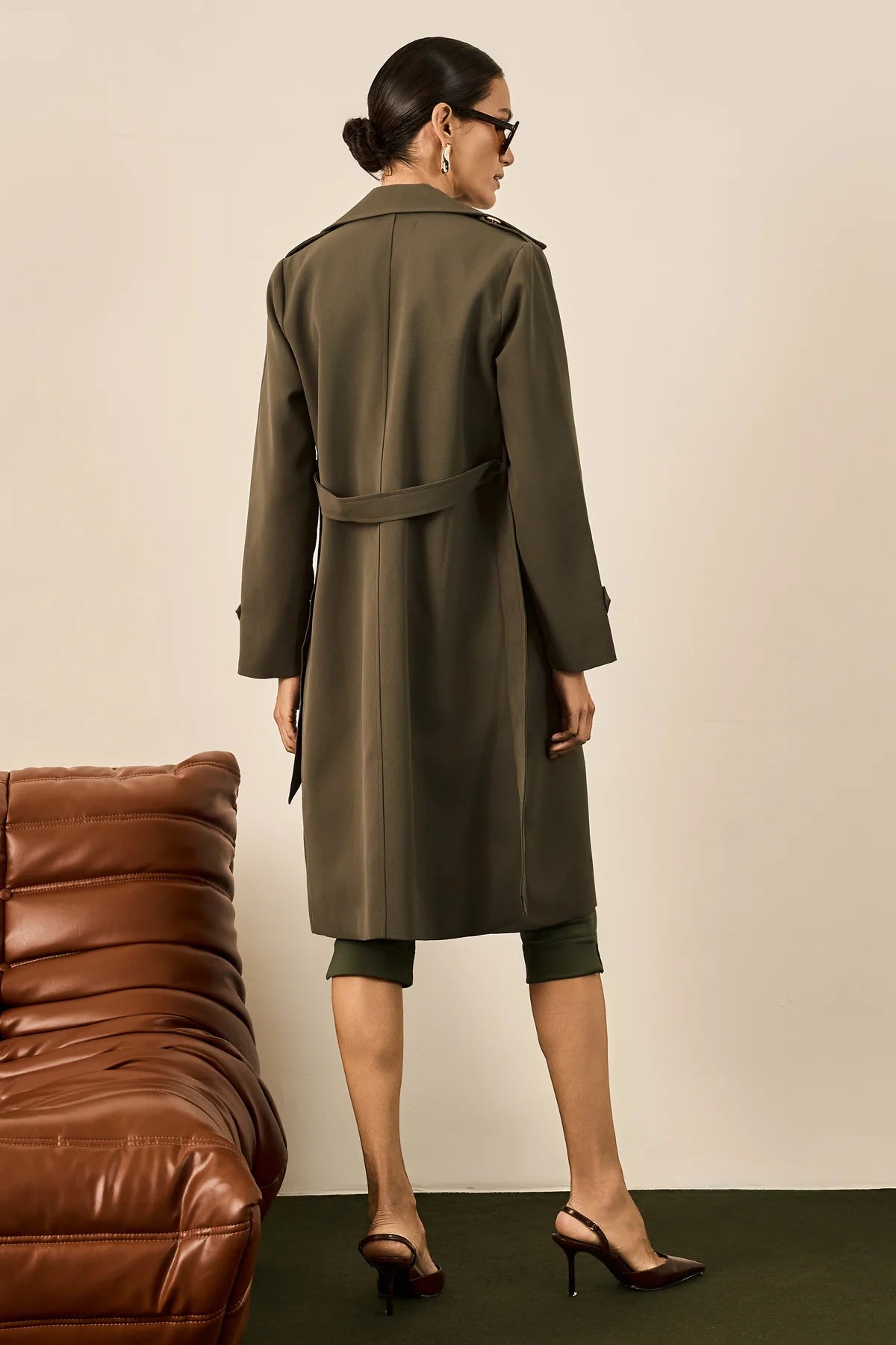 Trench Coat Verde Militar Longo Fleche D’Or