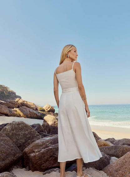 Saia Midi Meio Fenda Off White Skazi -SALE