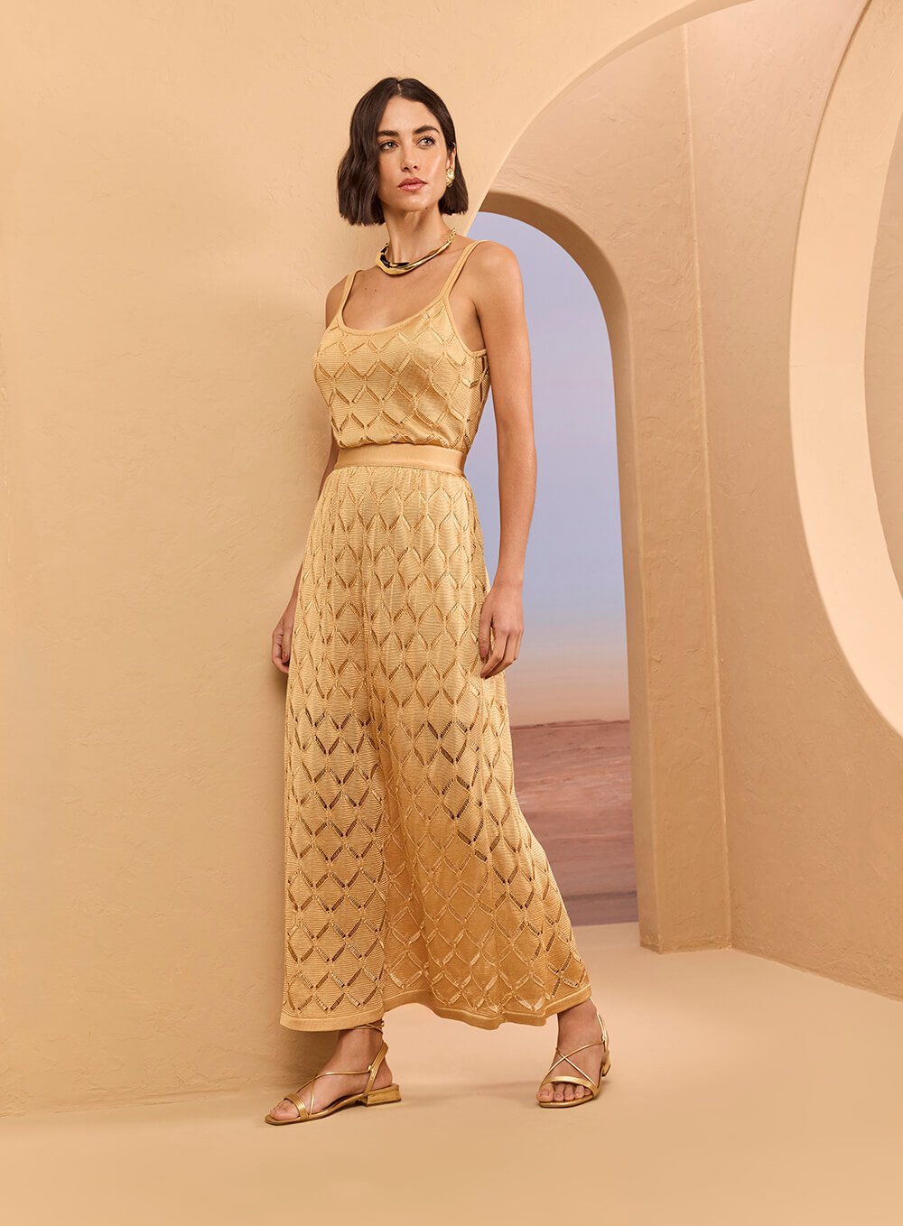 Saia Midi Tricot Rendado Bege Skazi -SALE