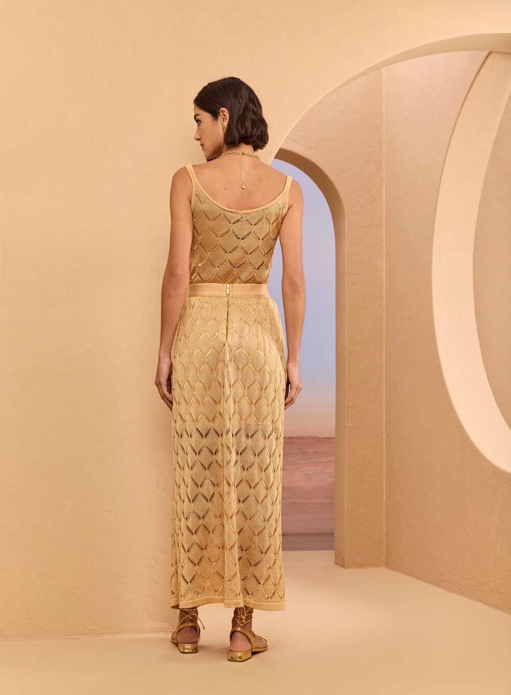 Saia Midi Tricot Rendado Bege Skazi -SALE